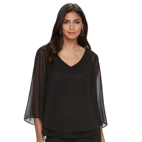 Jennifer Lopez, Layered, Chiffon, Blouse, 3/4 Sleeves, Black, Gold Dots, Size S - Picture 6 of 12